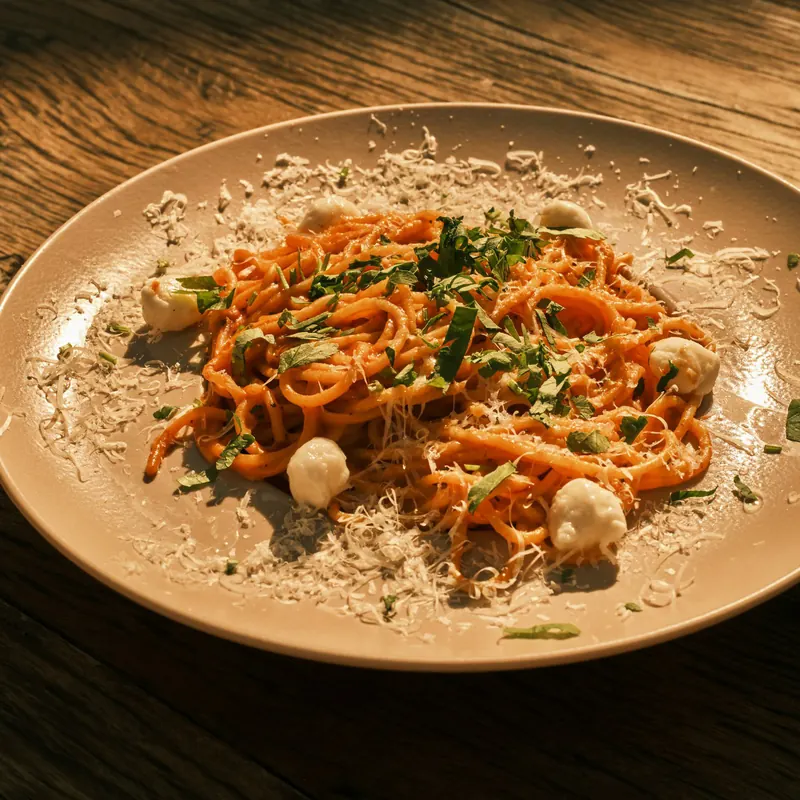 Stock photo: a pasta plate on dark oak in low, raking light