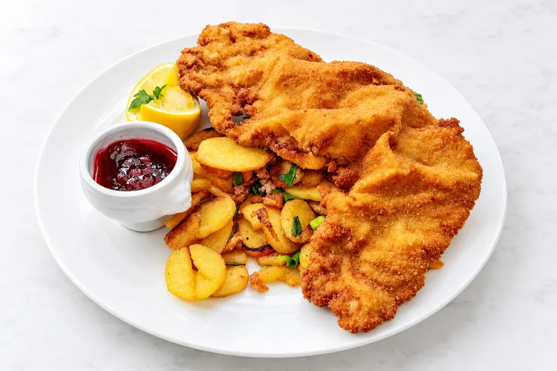 GPT Image 2.5 Sunburst output: the same schnitzel plate on pale marble