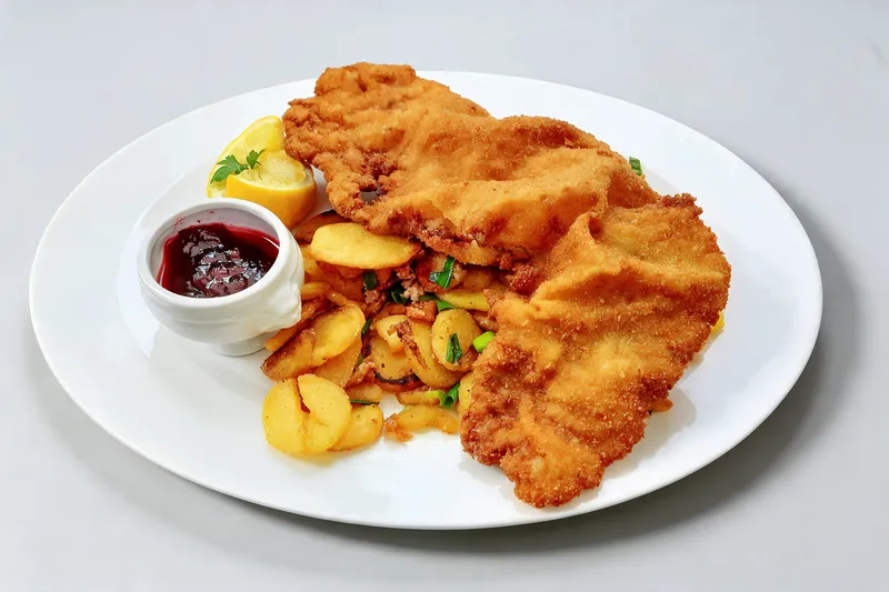 Seedream 5 Pro output: the same schnitzel plate on a light grey surface